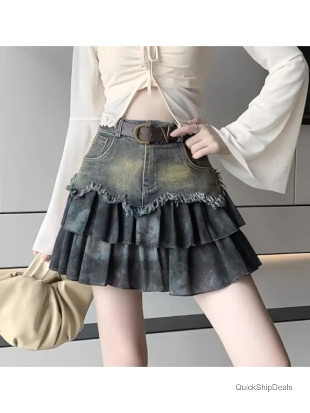 Y2K High Waist Distressed Ruffle Denim Skort with Shorts